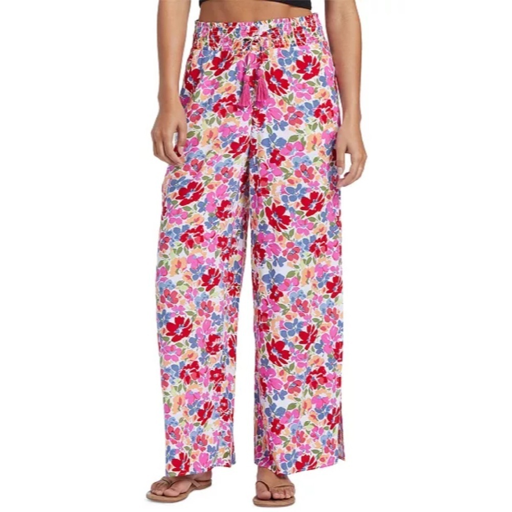 NWT Roxy Multicolor Floral Travel Rhythm Side Slit Wide Leg Flowy Pants